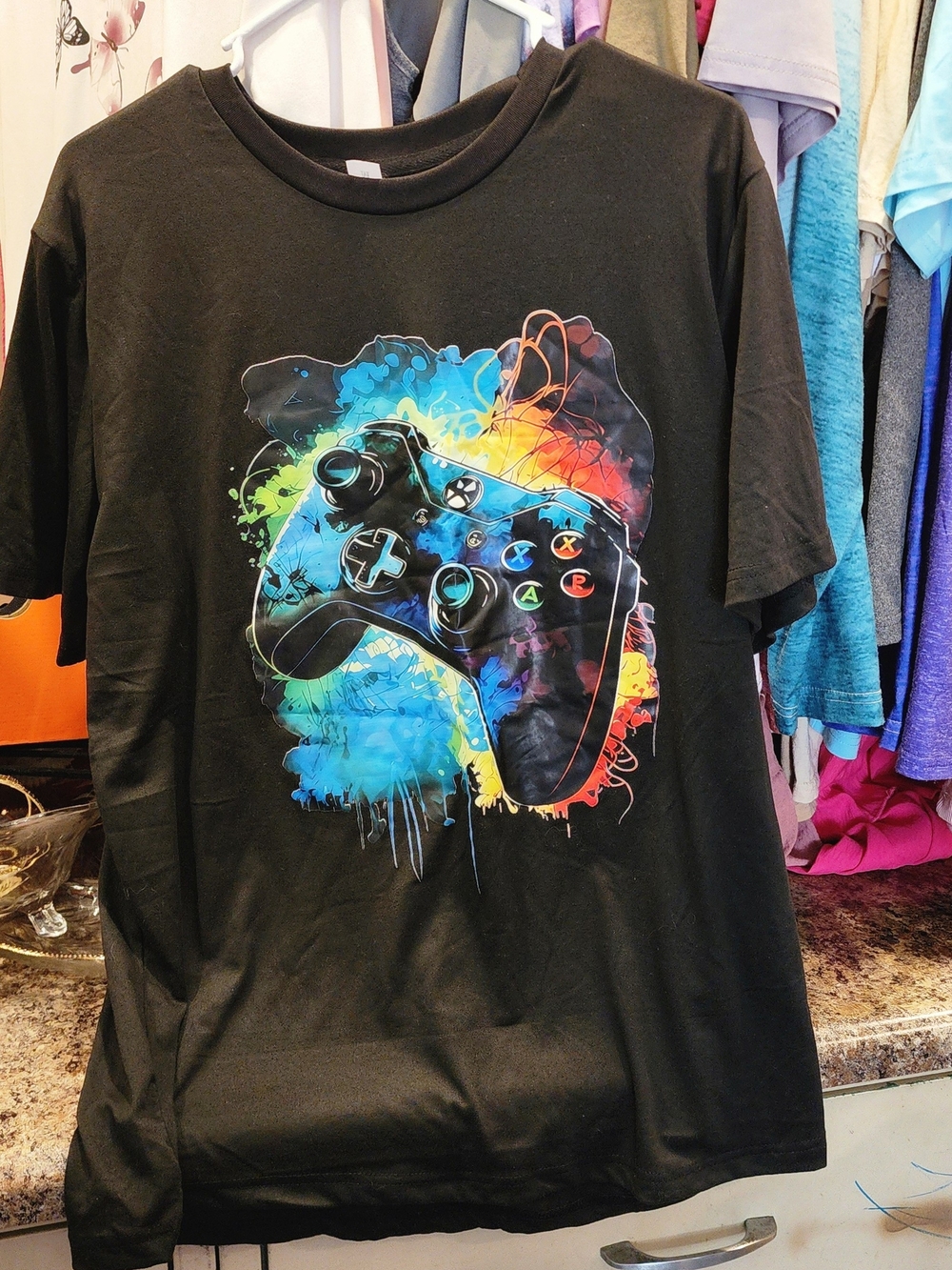 Black Graphic Gaming Controller Tee - Multicolor Design